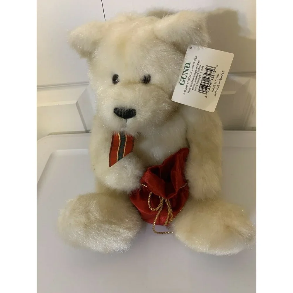 GUND CHRISTMAS PRESENT RED SATIN BAG PLUSH CREAM TEDDY BEAR 43475 STUFFED ANIMAL